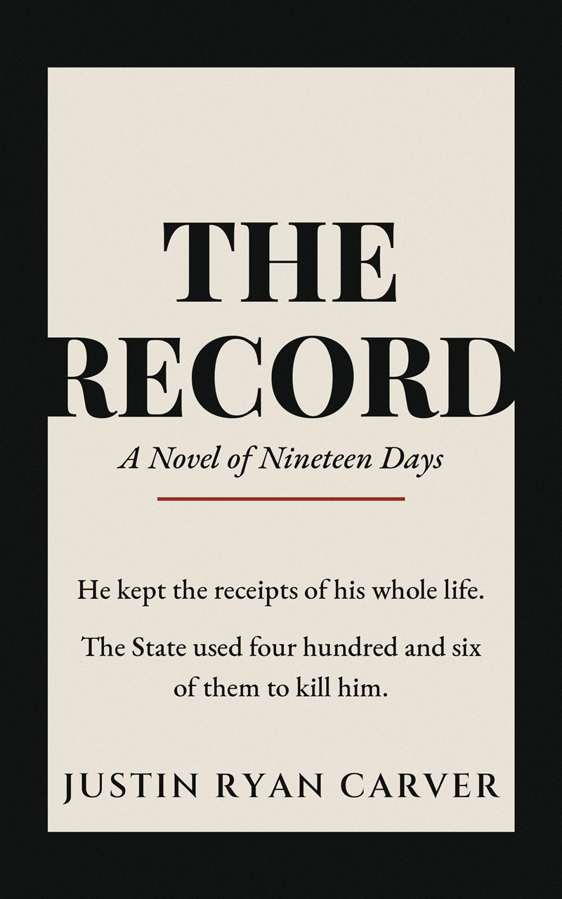 The Record book cover — stark type on a pale field