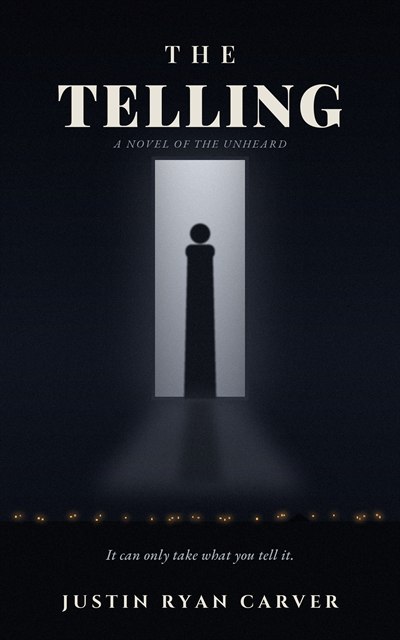 The Telling book cover — a figure in a lit doorway in the dark