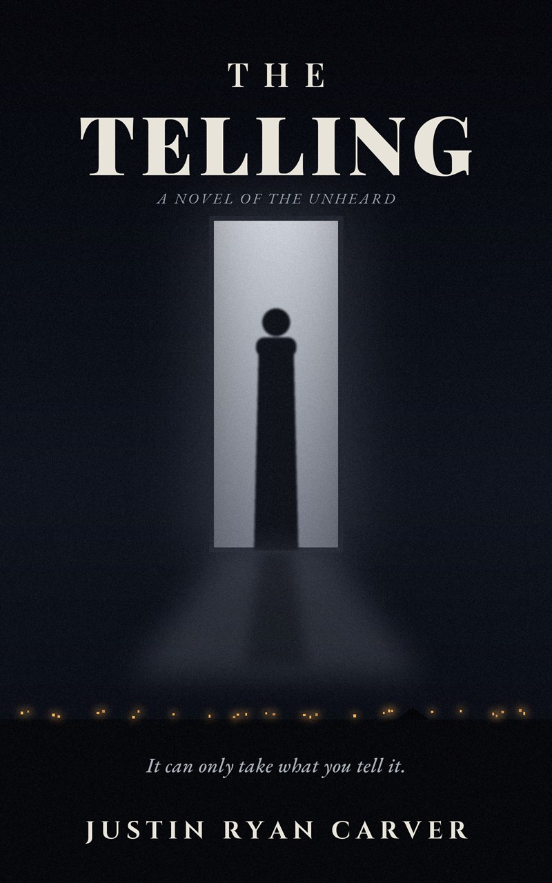 The Telling book cover — a figure in a lit doorway in the dark